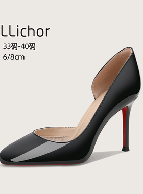 2025冬季新款性感风圆头黑色漆皮高跟鞋浅口细跟气质通勤职业单鞋