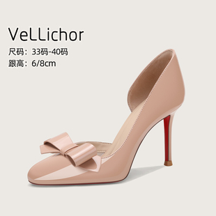 2026年新款性感侧空单鞋蝴蝶结细跟高跟鞋气质职业裸色圆头工作鞋