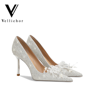 2025新款婚鞋主婚纱秀禾两穿新娘结婚花朵珍珠亮片尖头银色高跟鞋