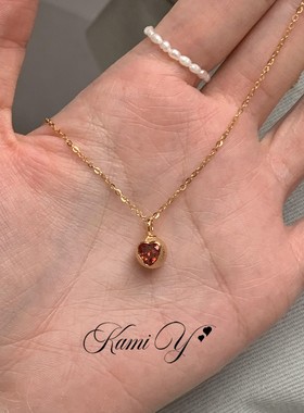 韩系简约镶钻红宝石金色爱心项链