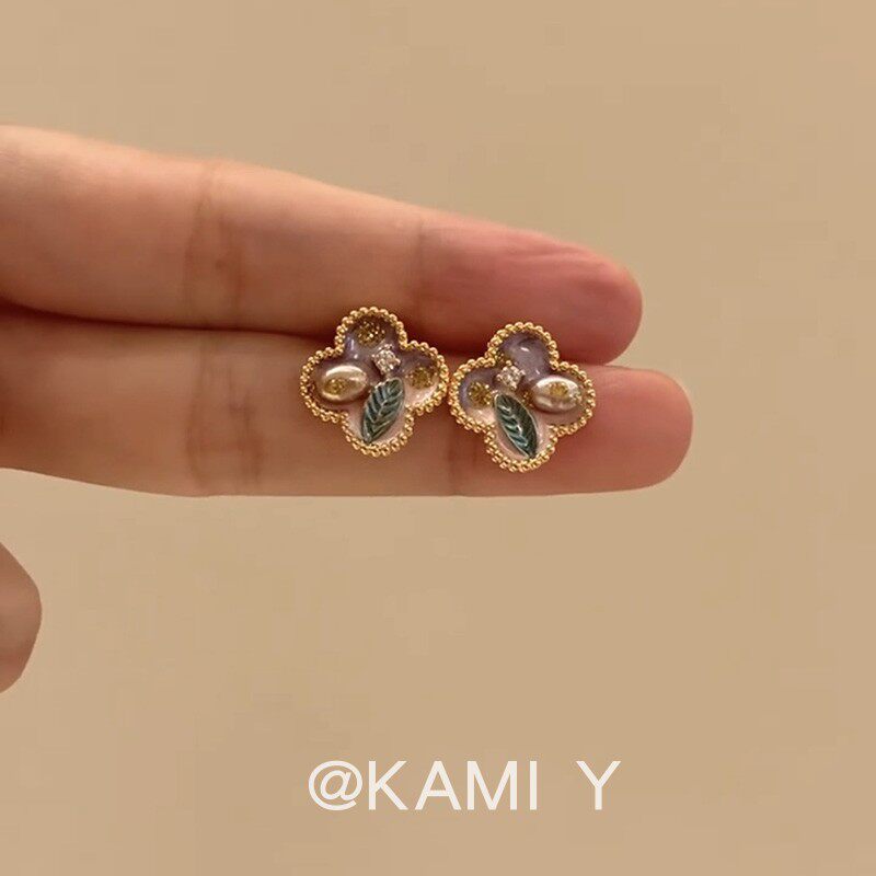 KAMI Y国潮风珐琅四叶草油画耳钉女小众设计感淡水珍珠耳环耳饰,饰品/流行首饰/时尚饰品新,耳钉,淘宝优惠券,粉丝福利购,淘宝优惠卷