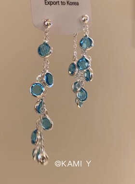 银针森系超仙蓝色水晶流苏耳环精致轻奢气质绝美耳坠清冷感耳饰女