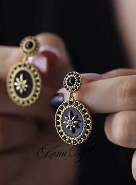 法式复古黑色芒星镶钻耳环女轻奢气质高级感时尚精致百搭中古耳饰