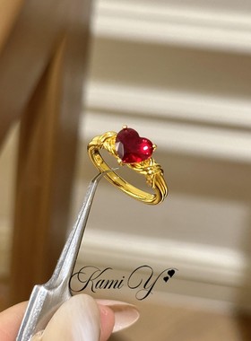 中古红色爱心交叉戒指女时尚贵气