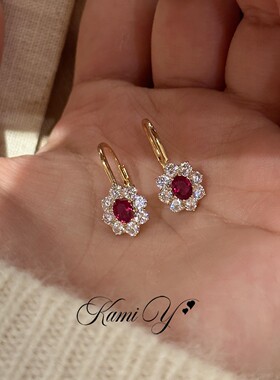 法式爆闪新年红色宝石镶钻金色耳环新款轻奢高级感耳扣巨好看耳饰