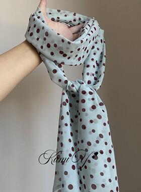 雾霾蓝法式波点印花丝巾女2025新款春夏慵懒风配饰系脖长围巾发带