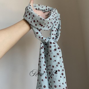 雾霾蓝法式波点印花丝巾女2025新款春夏慵懒风配饰系脖长围巾发带