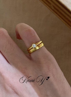 中古金色拉丝素圈女大气叠戴尾戒