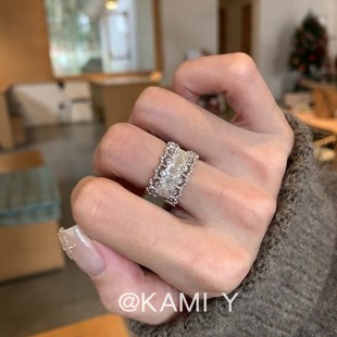 KAMI Y复古宫廷风重工镂空蕾丝拉丝镶钻戒指个性百搭高级精致指环