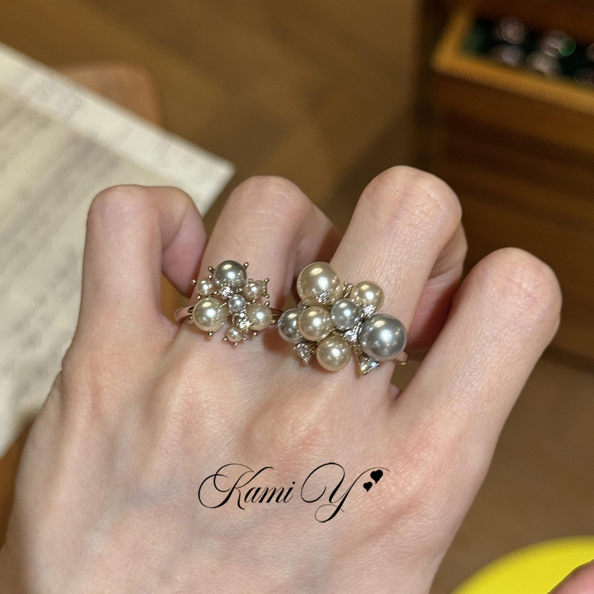 法式高级感咖啡金烟花珍珠锆石戒指女时尚复古温柔气质指环食指戒