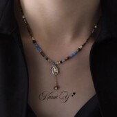 新中式 彩色串珠滴釉小马项链女复古轻奢小众设计高级感秋冬毛衣链