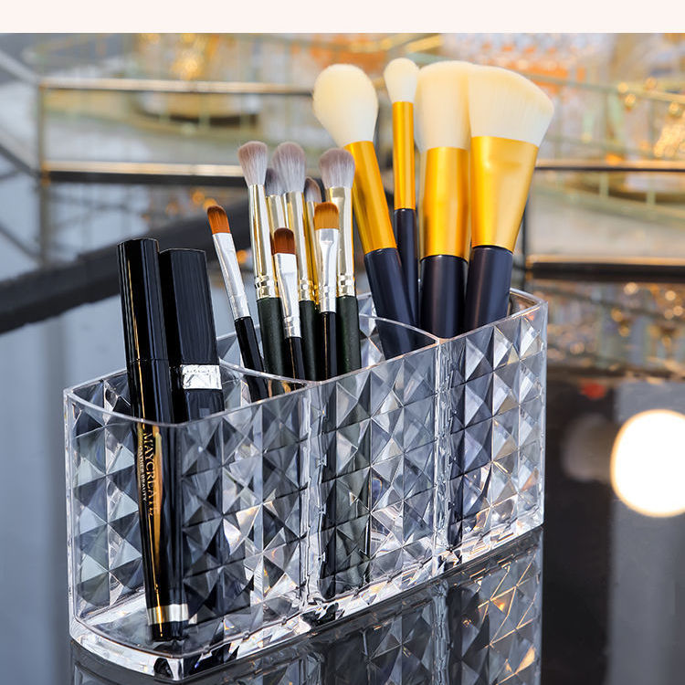加厚透明三格化妆品收纳盒钻石纹化妆笔筒桌面整理神器实用储物