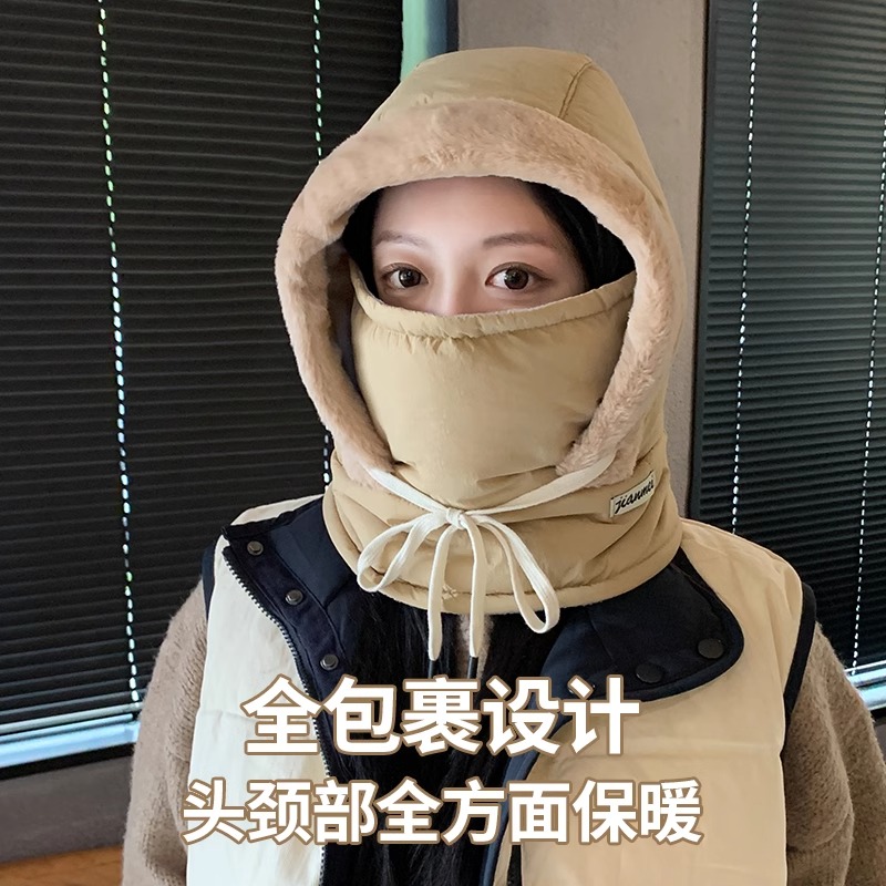冬季骑车保暖帽子女护耳加绒加厚防寒面罩围脖一体防风骑行帽设计