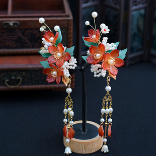 汉服红色夹子头饰古风发夹全套配饰仙气边夹发饰流苏对夹饰品