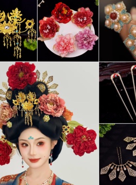 新唐风贵妃造型古装汉服凤冠发簪流苏步摇宫廷发钗牡丹花头饰配饰