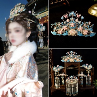 【皇禹翔】唐风烧蓝配饰粉彩簪钗冠古风大套装发饰小神仙汉服头饰