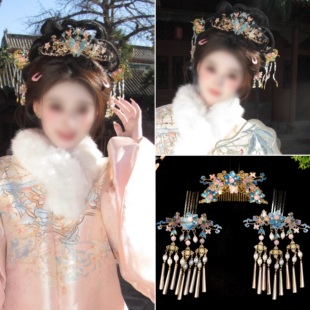 小唐风汉服原创粉色烧蓝重工发冠发叉唐风明制发饰配饰古风套装搭