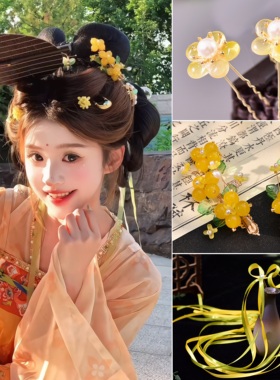 古风黄色小唐风发饰爆款飘带星河同款发饰头饰琉璃发夹古风侧边夹