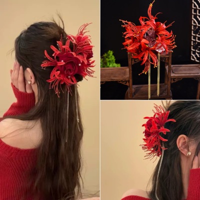 超仙红色彼岸花朵抓夹侧边夹头饰