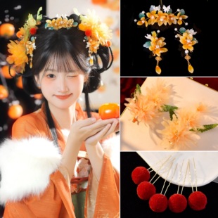 古风黄色小唐风绢花发饰爆款百搭发饰头饰琉璃发夹古风侧边夹可爱