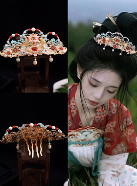 皇禹翔唐风明制烧蓝凤冠头饰发簪冠汉服宋制古代发饰红色气质发钗