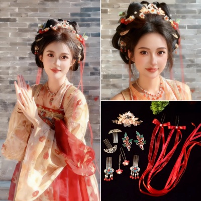 红色小唐风头饰汉服超仙甜美风