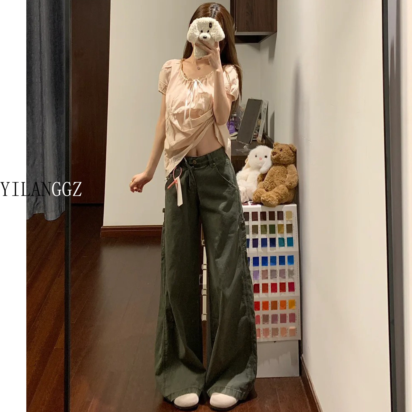 175高个子加长美式复古阔腿牛仔裤女卡其色新款军绿色180超长拖地