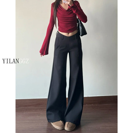 175高个子加长黑色微喇西装裤女2026年新款低腰垂感显瘦休闲拖地