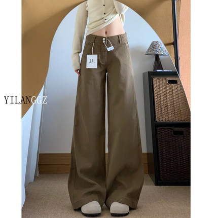 175高个子加长美式复古棕色阔腿牛仔裤女高腰显瘦遮肉工装风长裤