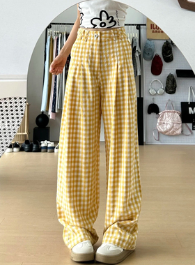 175高个子加长版美式黄色格子阔腿休闲裤女2025年新款宽松拖地裤