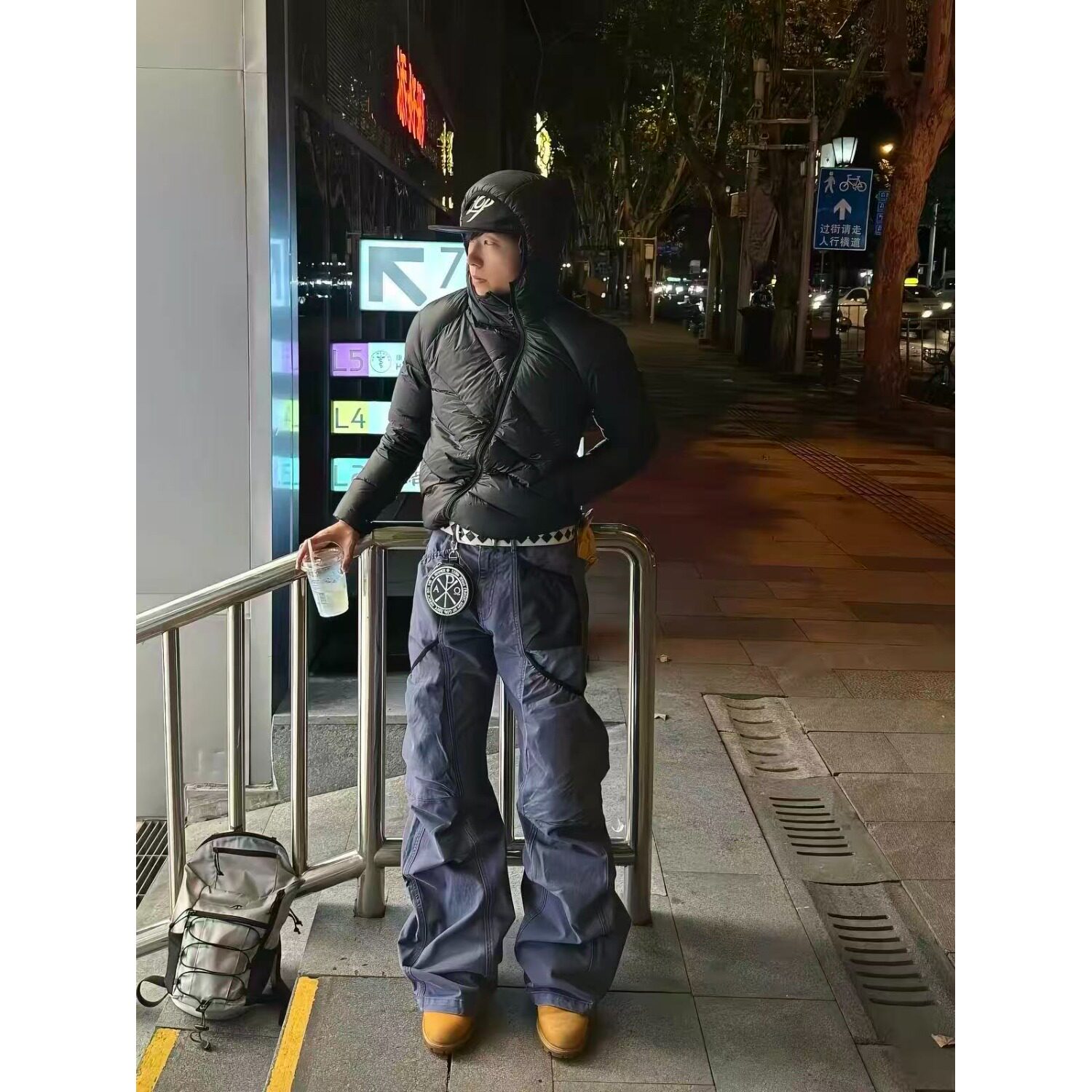 设计感园丁裤美式街头复古裤子直筒裤男款法工蓝多口袋弯刀工装裤图片