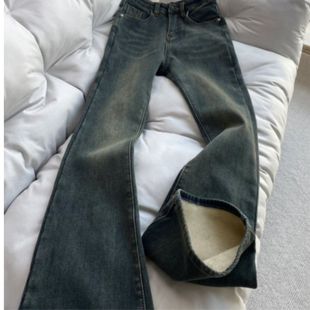 复古蓝水洗做旧微喇叭牛仔裤男秋冬新款加绒加厚痞帅潮牌阔腿长裤