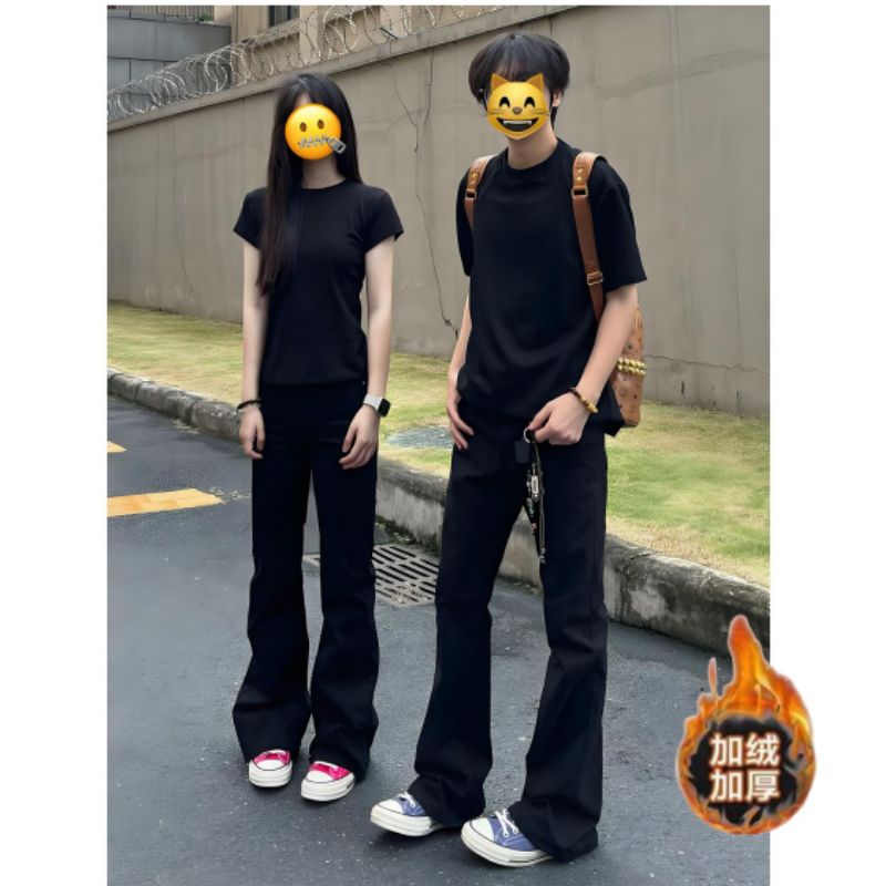 时尚潮男痞帅2025水洗做旧微喇叭牛仔裤加绒加厚潮牌阔腿长裤子潮