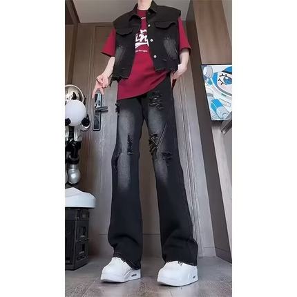 美式复古牛仔裤男夏季薄款破洞设计感裤子美式高街vibe直筒微喇裤