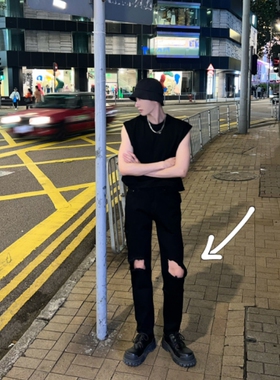 高街百搭夏季新款黑色破洞牛仔裤男休闲潮流显瘦长裤美式ins裤子