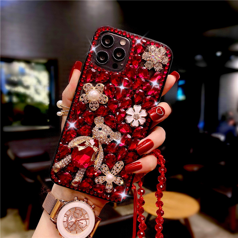 创意小熊适用苹果12手机壳iPhone11镶钻13奢华16Promax挂绳14女款XR高档15Promax水钻15硅胶14Pro高级感15Pro