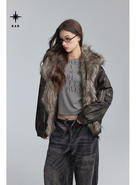 现货BAK原创设 计做旧水洗皮棉衣大毛翻领皮草外套复古加厚外套冬