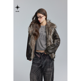 现货BAK原创设 计做旧水洗皮棉衣大毛翻领皮草外套复古加厚外套冬