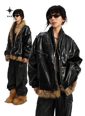BAK原创设计加厚保暖漆皮毛领棉衣可拆卸机车服加棉皮衣外套