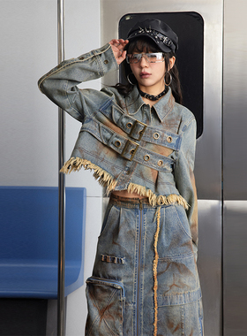 BAK原创设计千禧复古水洗套色牛仔上衣废土女毛绒细节衬衫短外套