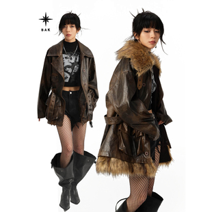 BAK原创 美拉德复古脏洗可脱卸两件套装大毛领皮衣秋冬棉服