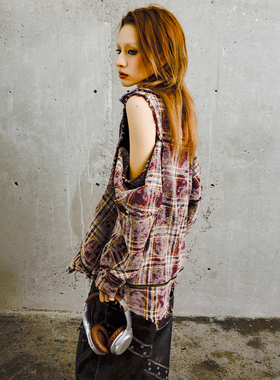 现货 BAK原创李雪琴同款男女小众美式复古露肩破洞格子衬衫外套