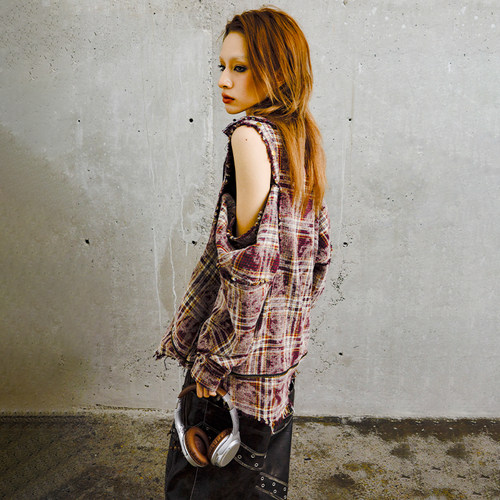 美式复古露肩破洞格子衬衫外套女