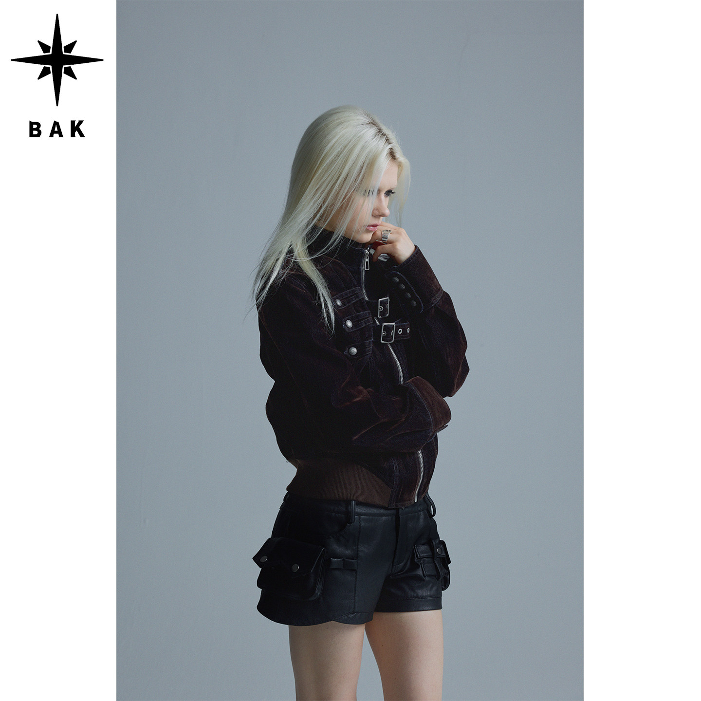 BAK哑光丝绒机能绑带机车夹克女