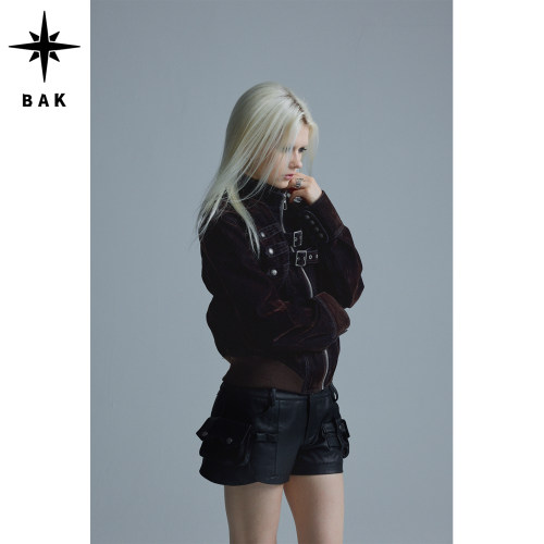 BAK哑光丝绒机能绑带机车夹克女