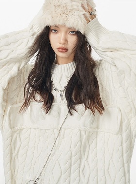 bak原创2026新款新年春季白色日系加厚圆领套头毛衣针织上衣女款