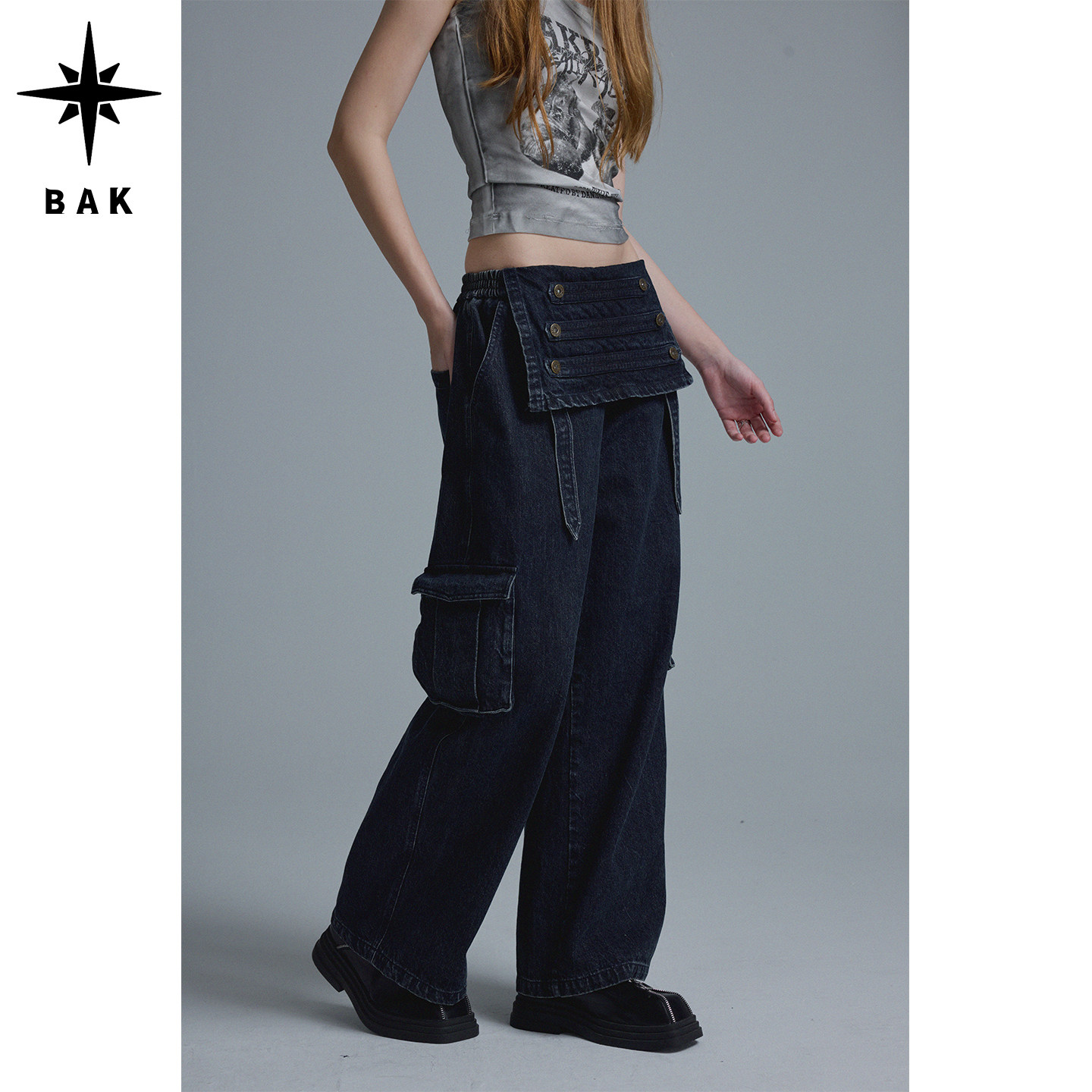 BAK丹宁拿破仑秋冬阔腿女牛仔裤