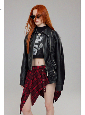 BAK原创设计 “轻度朋克”机车绑带两件套皮夹克+格纹围帘