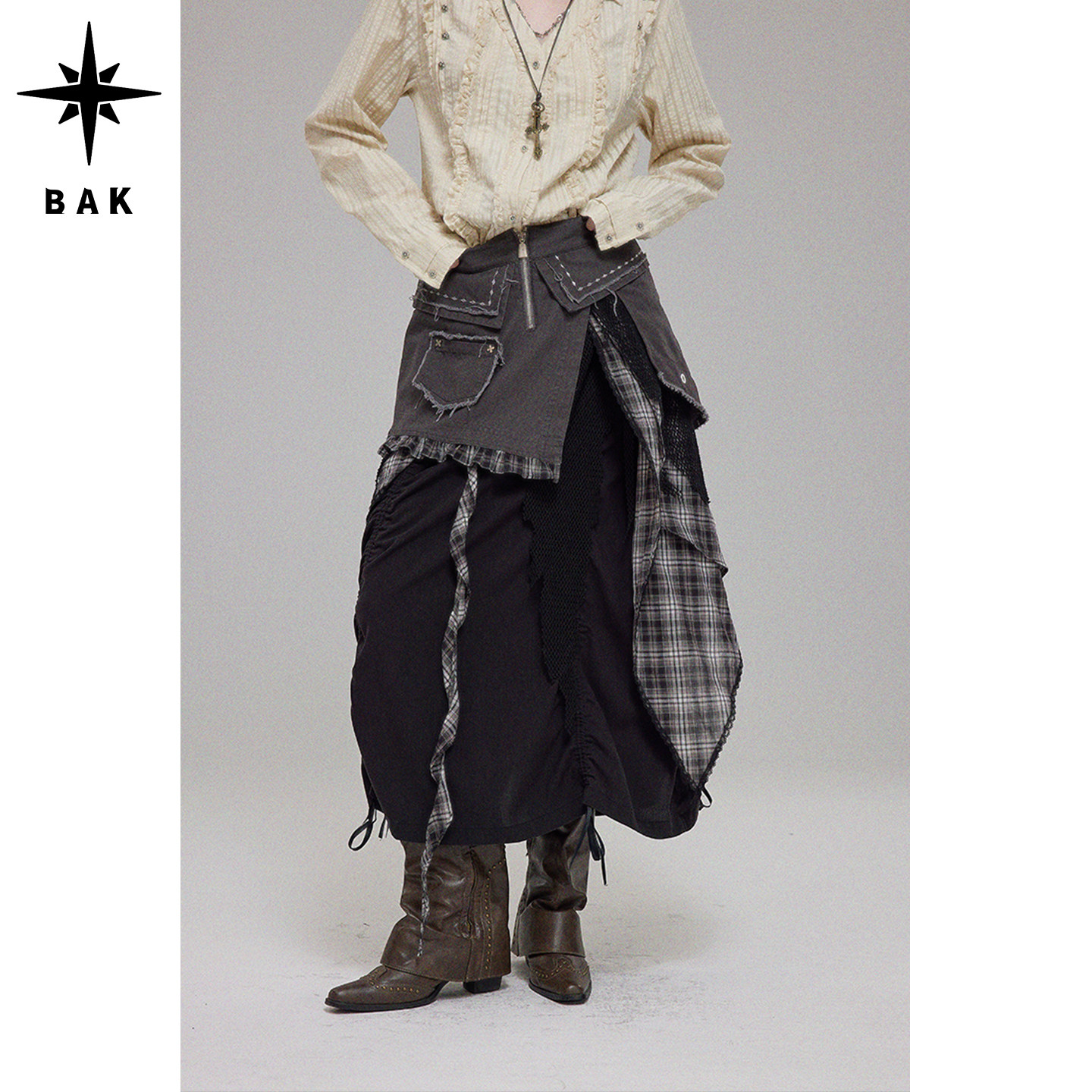 BAK原创 ‘流浪回收“多层次飘带抽绳亚麻半裙格纹拼接长裙