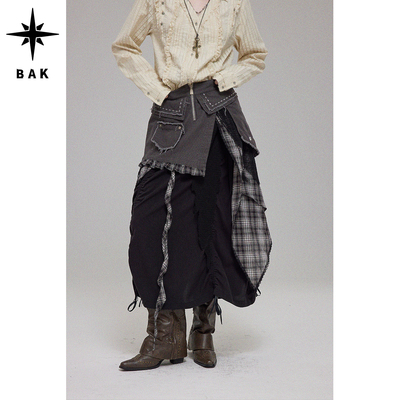 BAK原创 ‘流浪回收“多层次飘带抽绳亚麻半裙格纹拼接长裙